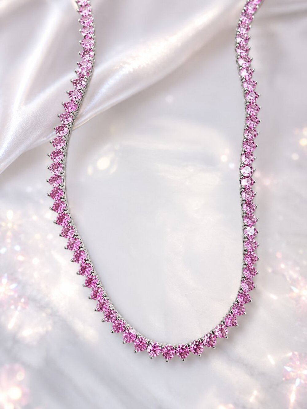 3mm Pink Simulated Sapphire Diamondette Ombré Tennis Necklace 18" - Picture 6 of 7